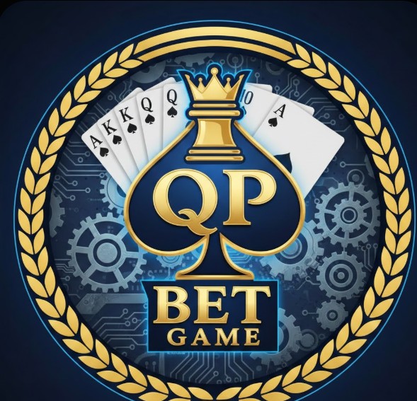 QP Bet Game logo in bold gold letters with neon blue glow, floating coins and sparkles on dark background