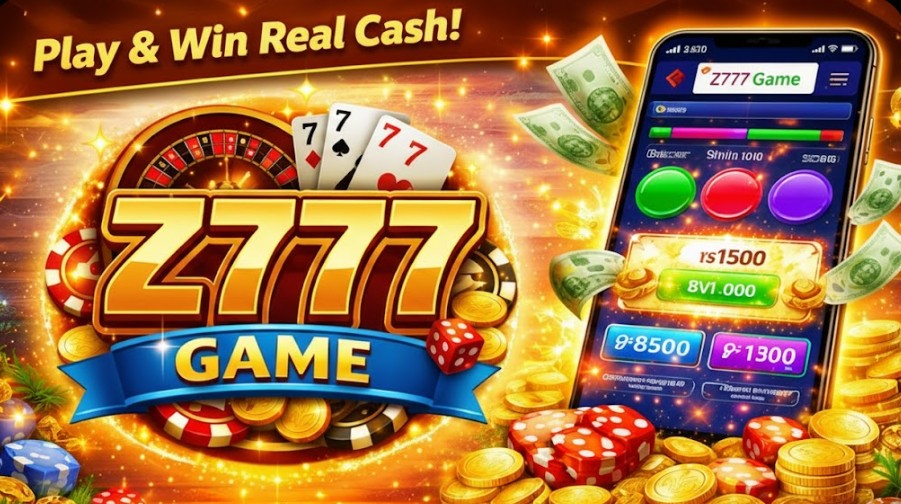 ZT777 Game promotional banner with 3D gold and neon blue logo, flying coins, slot reels, sparkles, and a Play Now button on dark casino-style background.