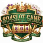 804 Slot Game logo featuring a crown, slot machine, playing cards, dice, and VIP gaming elements