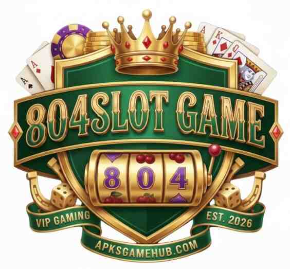 804 Slot Game logo featuring a crown, slot machine, playing cards, dice, and VIP gaming elements