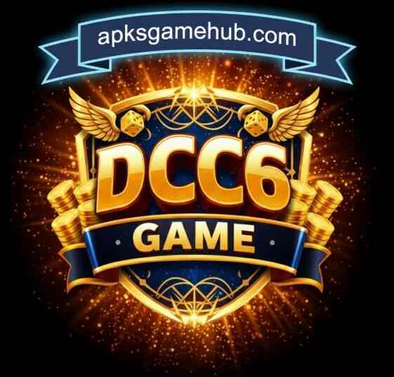 DCC6 Game logo with gold coins, dice, wings, and a glowing background, featuring apksgamehub.com banner
