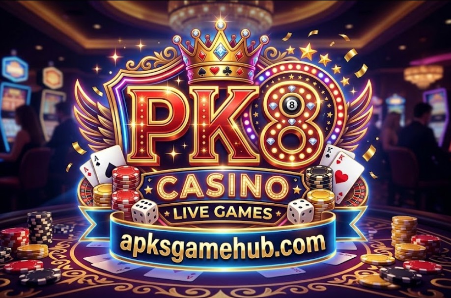 PK8 Game APK download interface showing mobile gaming dashboard and bonus features