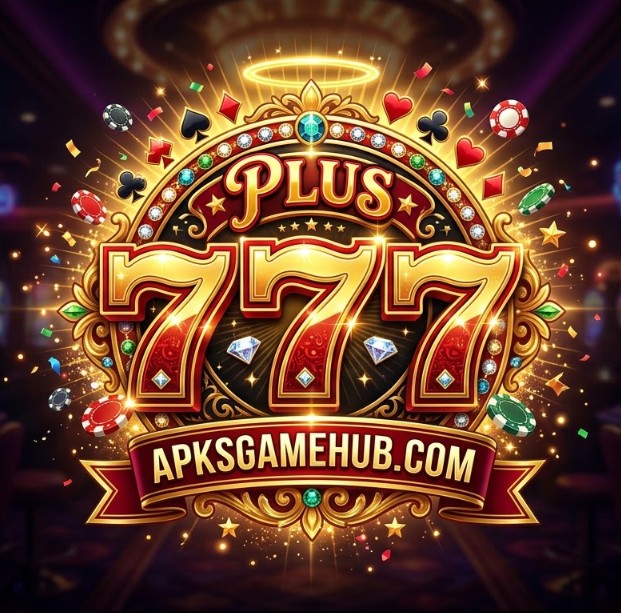 777 Plus Game APK logo with casino slots, poker chips, and mobile gaming interface