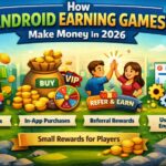 How Android Earning Games Make Money in 2026 infographic showing revenue sources including In-App Ads, In-App Purchases, Referral Rewards, and User Engagement