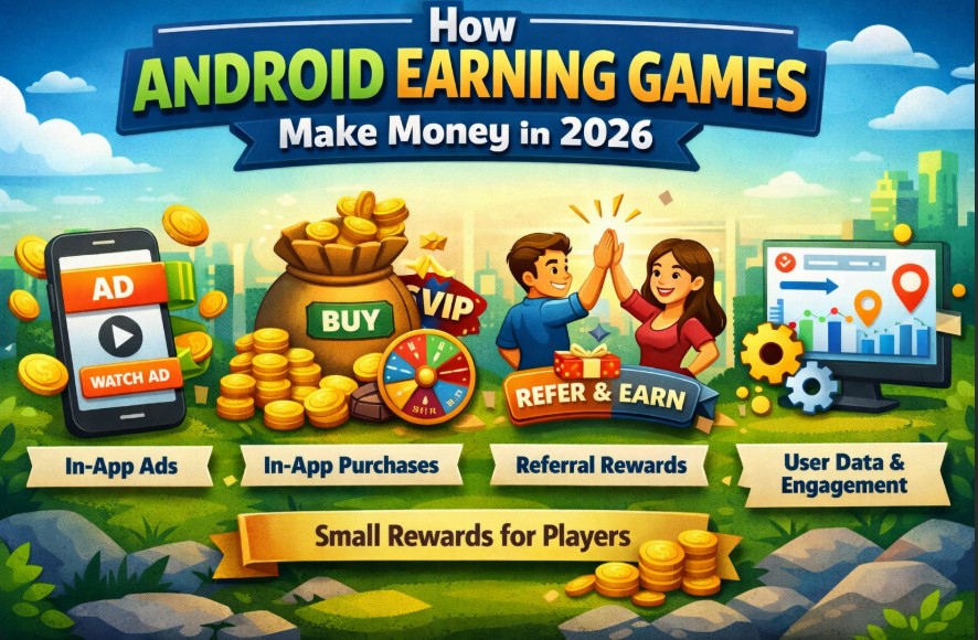 How Android Earning Games Make Money in 2026 infographic showing revenue sources including In-App Ads, In-App Purchases, Referral Rewards, and User Engagement